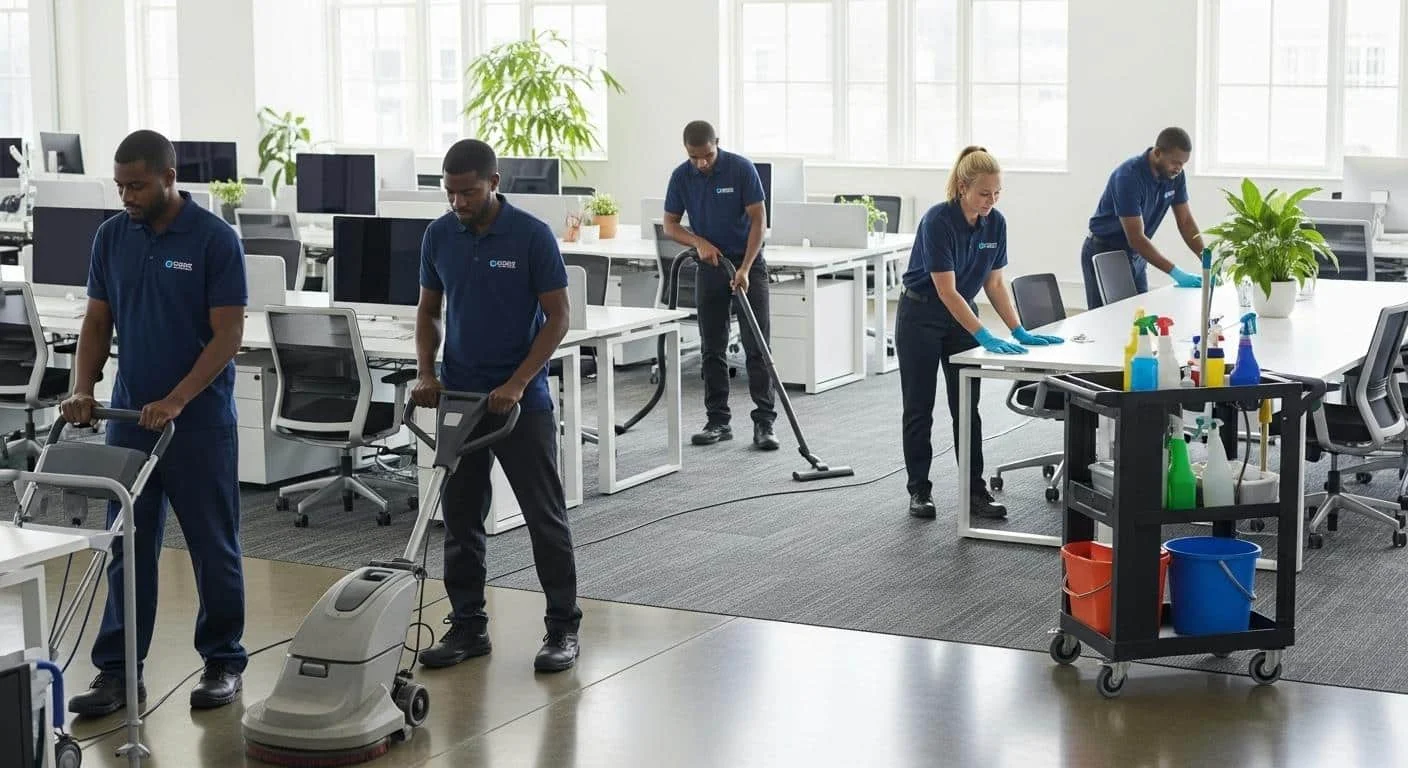 Une équipe d'agents de nettoyage en uniforme, équipés de matériel professionnel, intervient dans un grand open space lumineux aux bureaux alignés, illustrant la diversité des missions et de la clientèle du secteur.