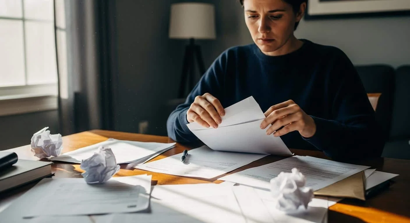 Une personne assise à sa table, ouvrant une lettre administrative avec une expression inquiète, des documents et des factures éparpillés autour d’elle, lumière naturelle traversant la pièce