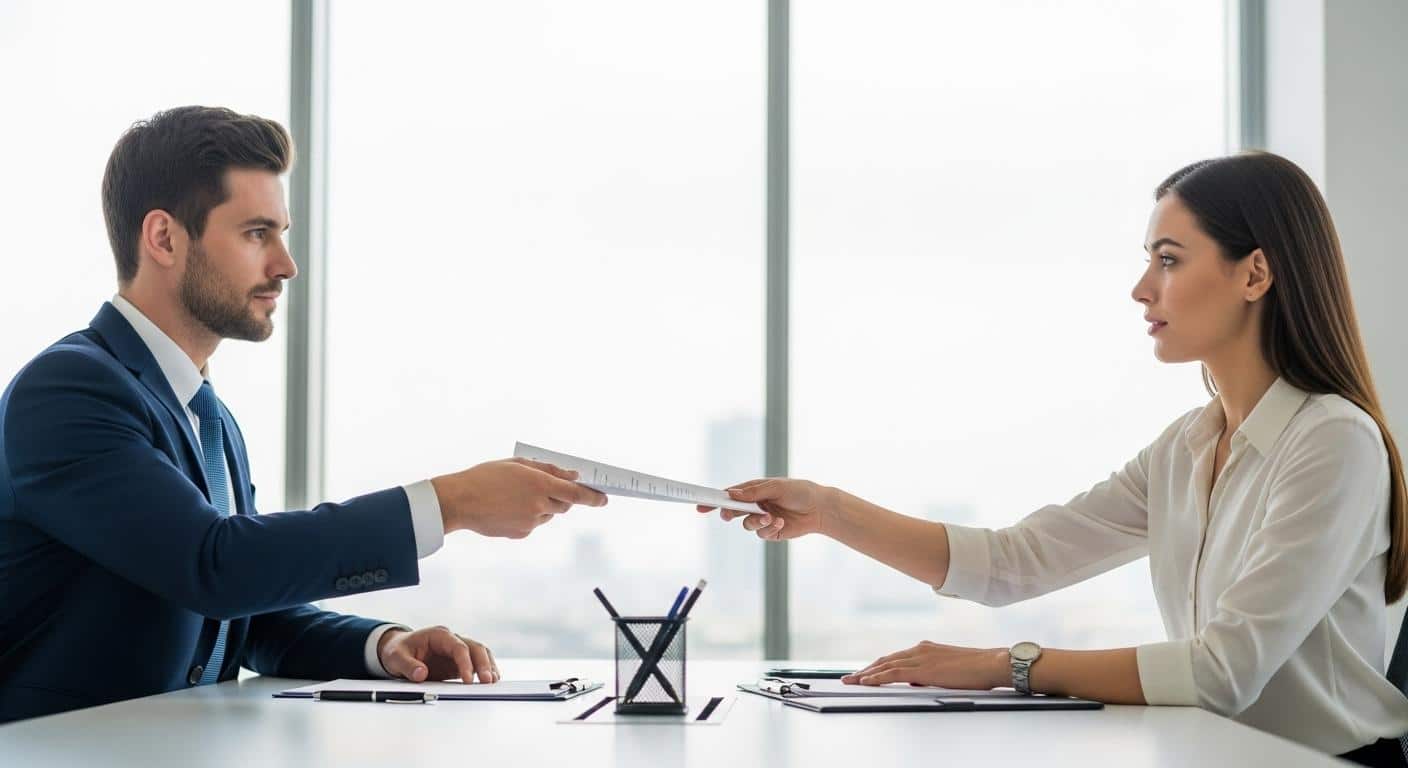 Deux personnes debout dans un bureau lumineux, l’une tendant un document à l’autre qui le saisit, avec une expression sérieuse et attentive, une montre visible au poignet et une table où sont posés des stylos et un agenda.