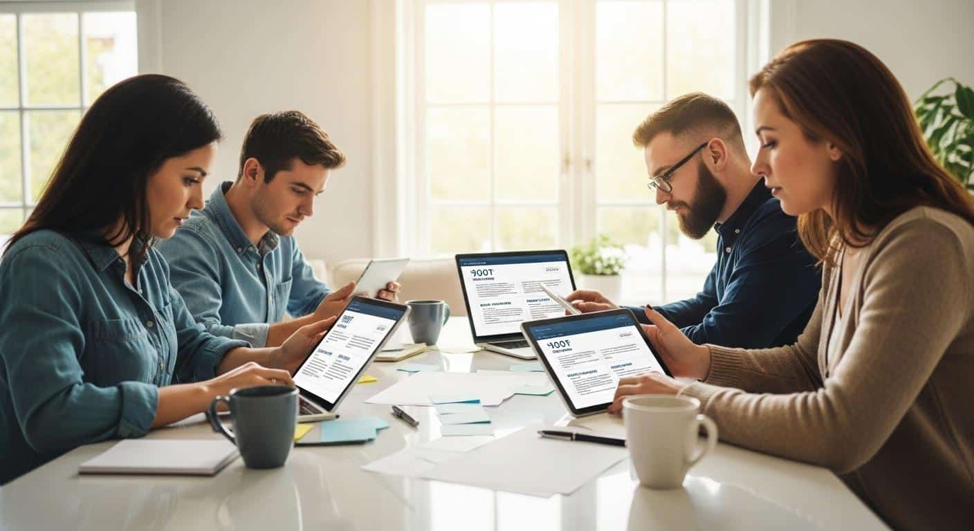 Quatre personnes de profils différents sont réunies autour d’une table, chacun avec une tablette ou un ordinateur portable affichant des devis d’assurance, comparant attentivement les offres et échangeant des regards concentrés dans un salon moderne éclairé par la lumière du jour.