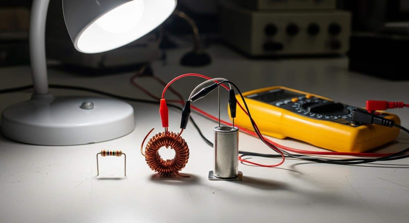 Sur une table de laboratoire, trois composants distincts — une résistance, une bobine de cuivre et un condensateur cylindrique — sont alignés côte à côte, éclairés par la lumière blanche d’une lampe, un multimètre posé à côté et quelques fils électriques reliés, illustrant la préparation d’un circuit RLC en série.