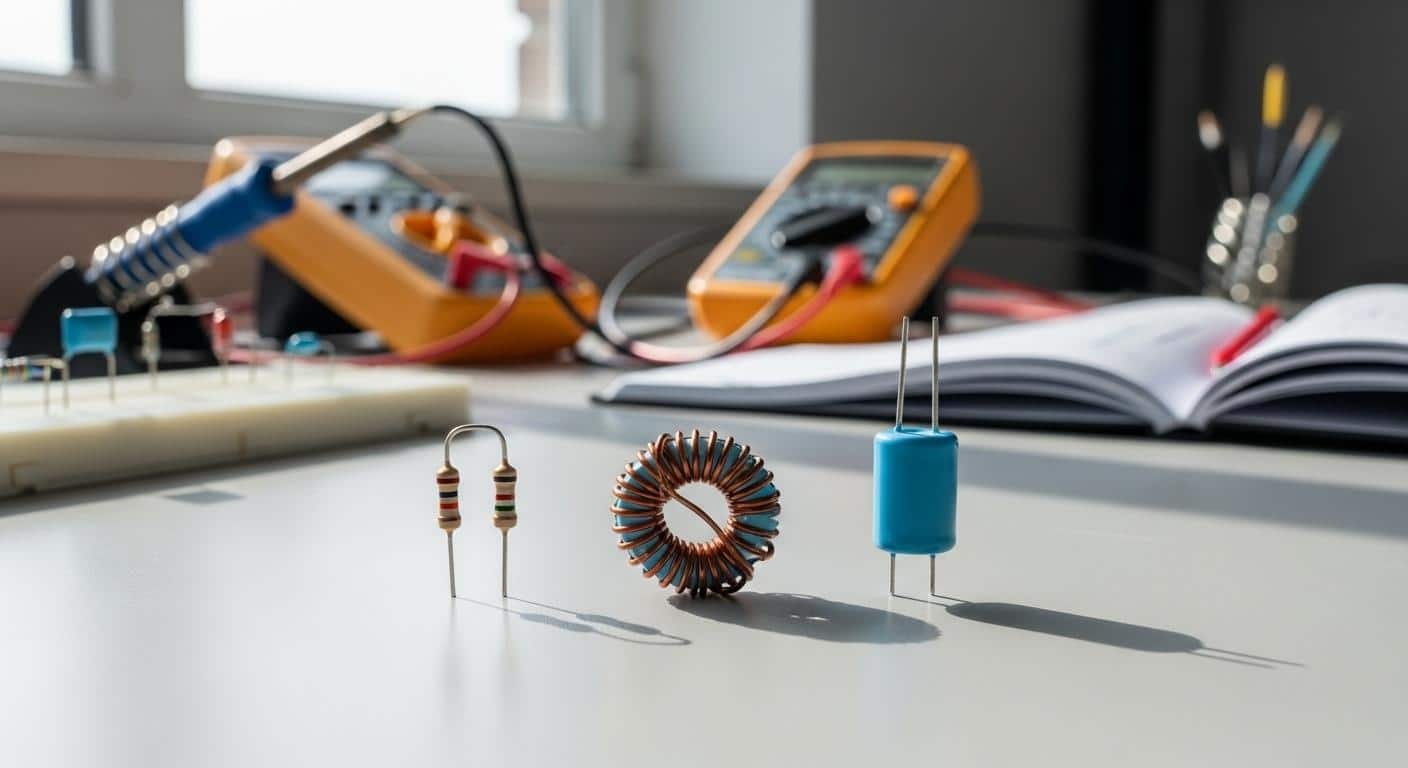 Trois composants électroniques réels – une résistance, une bobine et un condensateur – soigneusement alignés sur une table de laboratoire, éclairés par la lumière du jour, prêts à être connectés pour former un circuit, avec en arrière-plan des outils et un carnet de notes.