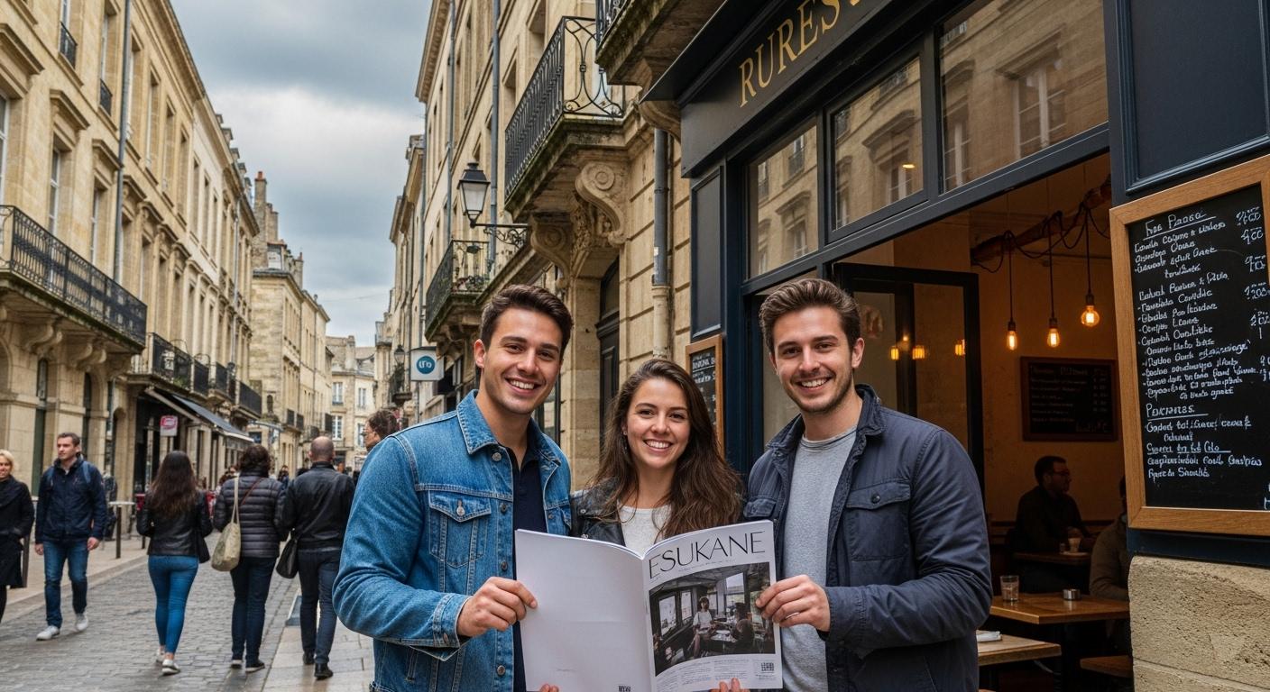 Trois jeunes adultes souriants, debout devant une devanture de café à Bordeaux, tiennent dans leurs mains un magazine papier fraichement imprimé, entourés par l’ambiance animée du quartier de la rue Saint Joseph, sous un ciel nuageux.