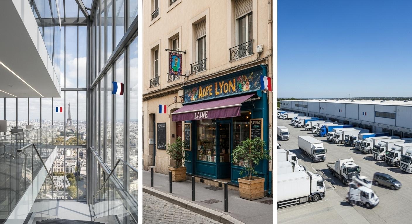 Trois locaux professionnels différents en France, montrant un bureau moderne dans une tour de verre à Paris, une petite boutique en périphérie de Lyon avec devanture colorée, et un grand entrepôt logistique à Marseille entouré de camions de livraison.