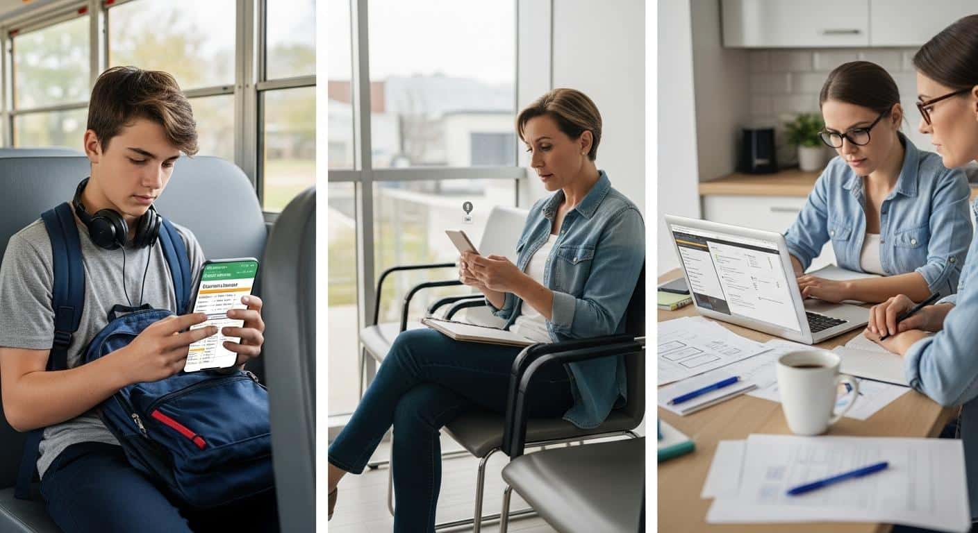 Un adolescent assis dans un bus scolaire, casque autour du cou, regarde attentivement son téléphone affichant son cahier de textes numérique, tandis qu’un parent consulte une notification sur son smartphone dans une salle d’attente lumineuse, et un enseignant prépare ses cours devant un ordinateur portable sur une table de cuisine.