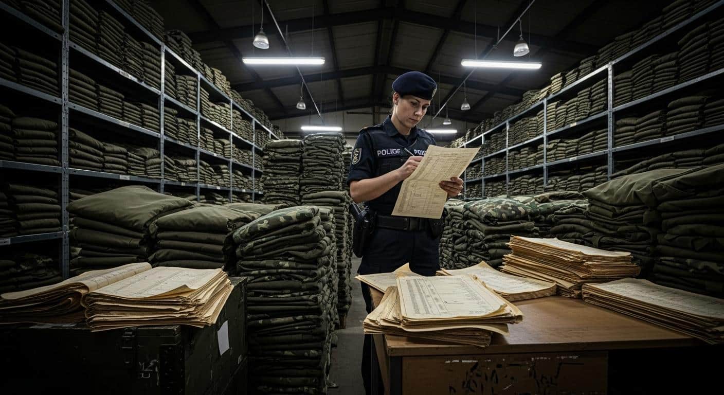 Un agent de commissariat militaire, entouré de piles d’uniformes et de registres papier usés, vérifie une liste à la main dans un vaste entrepôt d’habillement.