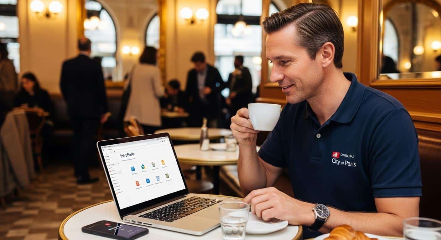 Un agent municipal de la Ville de Paris, assis dans un café animé, consulte l’interface IntraParis sur son ordinateur portable, une tasse de café à la main, alors qu’une notification s’affiche sur son smartphone posé à côté de lui.