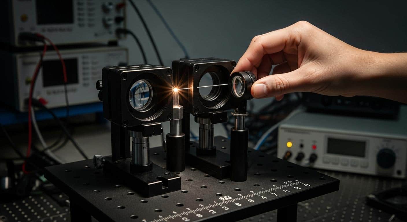 Un banc optique réel avec deux lentilles convergentes parfaitement alignées, un petit objet lumineux placé sur le foyer de la première lentille, et une main s’apprêtant à insérer délicatement une lentille divergente entre les deux, sous un éclairage de laboratoire.