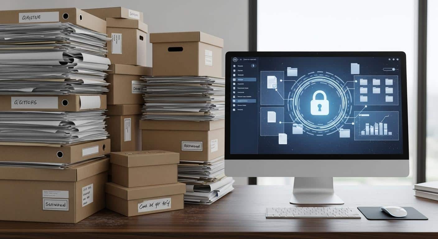 Un bureau d'entreprise avec des piles de dossiers papier et des classeurs en carton empilés dans un coin, tandis qu'un ordinateur affiche une interface moderne de coffre-fort numérique, illustrant la transition entre l'ancien et le nouveau.