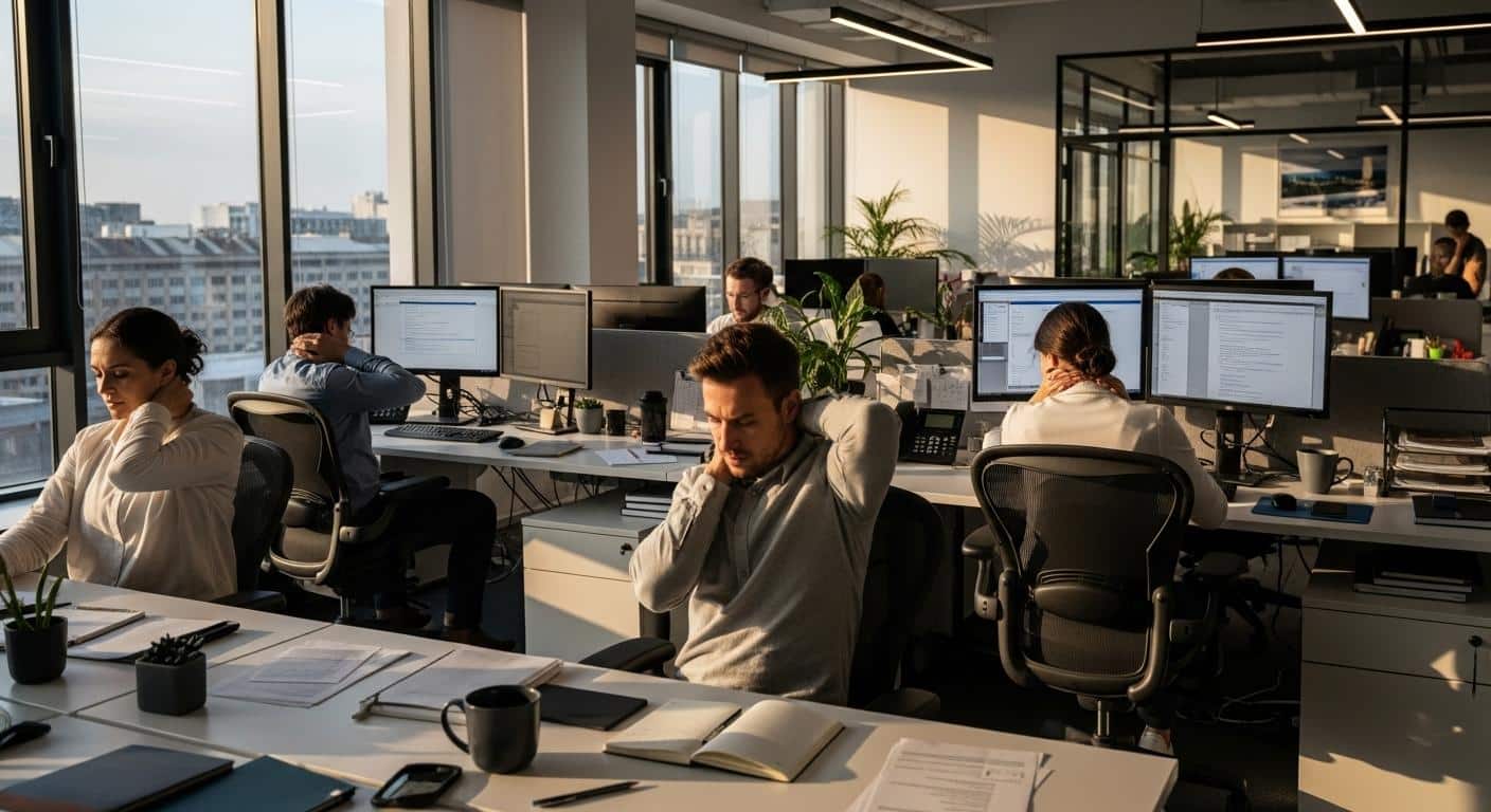 Un bureau d'entreprise avec plusieurs salariés assis devant des écrans, certains se frottant la nuque, d'autres étirant les bras, la lumière naturelle filtrant à travers les fenêtres, illustrant la fatigue et les postures figées d'une journée de travail sédentaire.