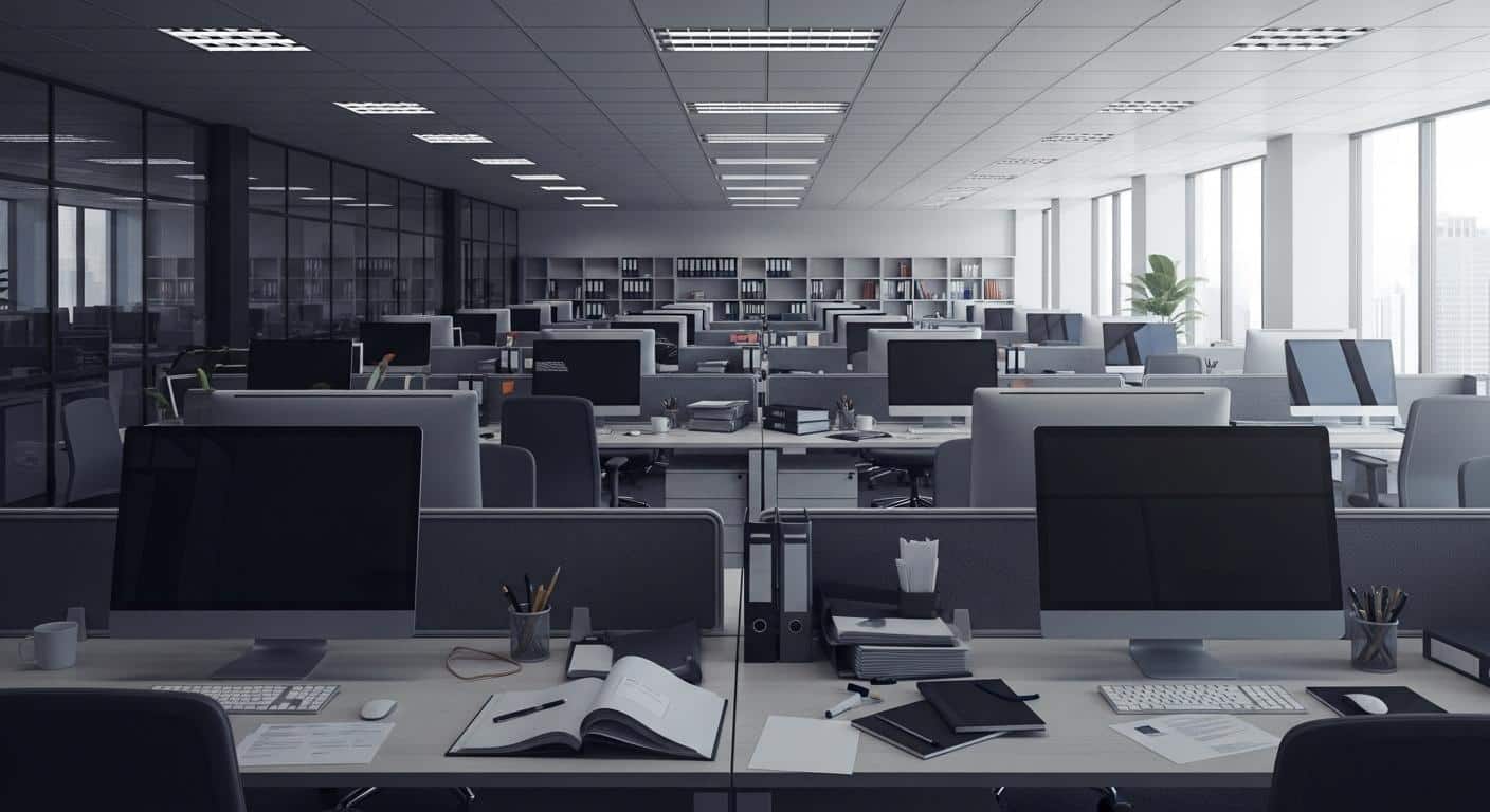 Un bureau d’entreprise moderne vide, avec des chaises inoccupées, des écrans d’ordinateur éteints et des dossiers laissés ouverts sur les tables, symbolisant l’arrêt soudain d’activité après une liquidation judiciaire.