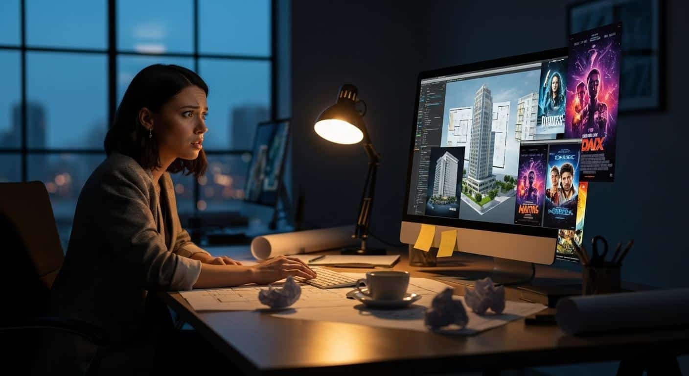 Un bureau moderne où une architecte regarde d’un air perplexe son écran d’ordinateur affichant une interface ambiguë, mélangeant plans de bâtiments et affiches de films, avec une lumière tamisée et une atmosphère de doute.
