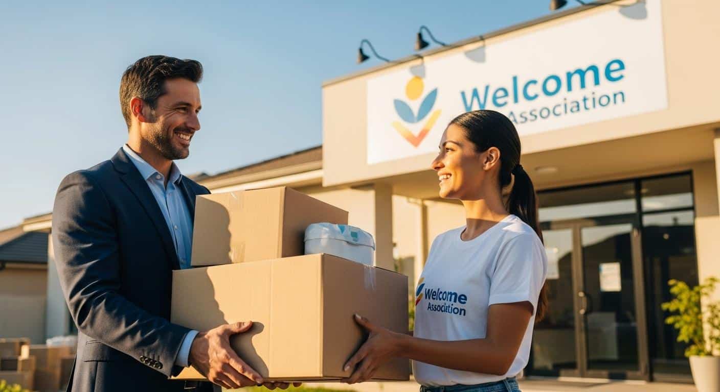 Un chef d’entreprise remet des cartons de fournitures à une bénévole souriante devant le local d’une association, sous un ciel clair et dans une ambiance chaleureuse.