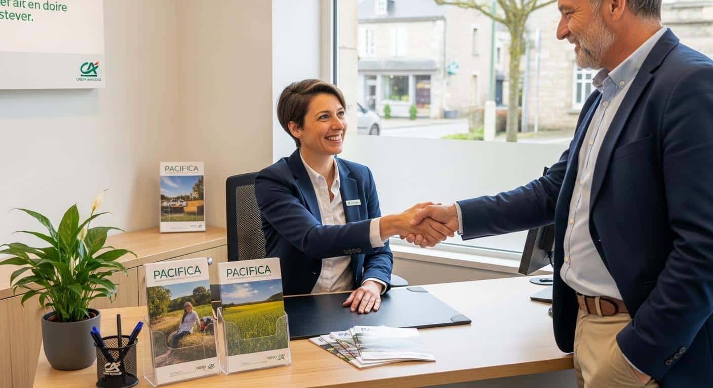 Un conseiller Crédit Agricole souriant accueille un client dans une petite agence lumineuse de village, avec des brochures Pacifica sur le bureau et une atmosphère chaleureuse.