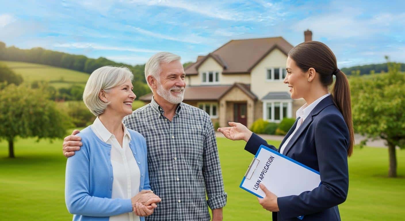 Un couple de seniors souriants visite une maison à la campagne avec un agent immobilier, un dossier de prêt à la main, entourés d’un paysage verdoyant et d’une atmosphère paisible.