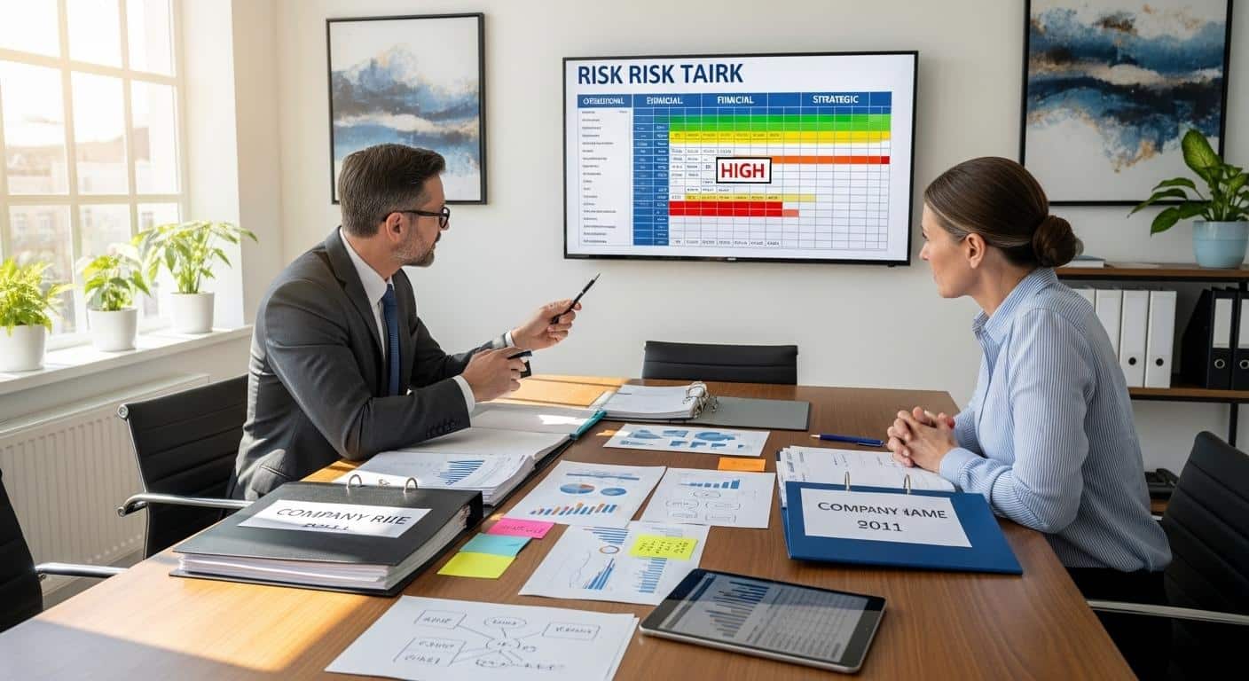Un courtier d’assurance et un chef d’entreprise assis autour d’une table de réunion, examinant ensemble un tableau de risques affiché, avec des dossiers ouverts et des notes manuscrites, dans un bureau moderne et lumineux.