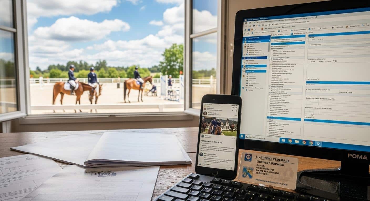 Un écran d'ordinateur affichant la plateforme fédérale, entouré de documents de concours, d'une licence équestre et d'un smartphone posé sur une table de club, avec en arrière-plan une fenêtre donnant sur une carrière où des cavaliers préparent leurs chevaux.