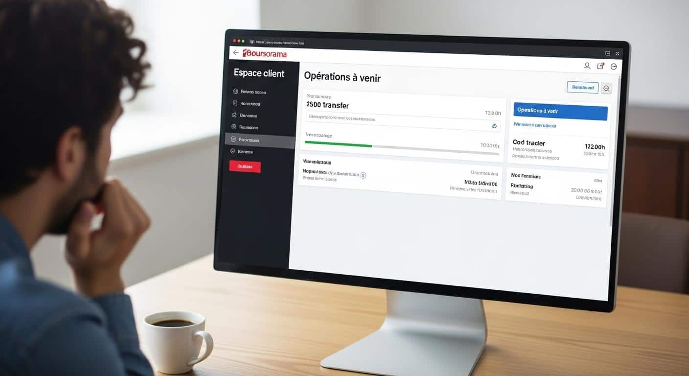Un écran d’ordinateur affichant l’espace client Boursorama, avec la rubrique « opérations à venir » ouverte, et une personne consultant la progression d’un virement, l’air concentré, une tasse de café à côté.