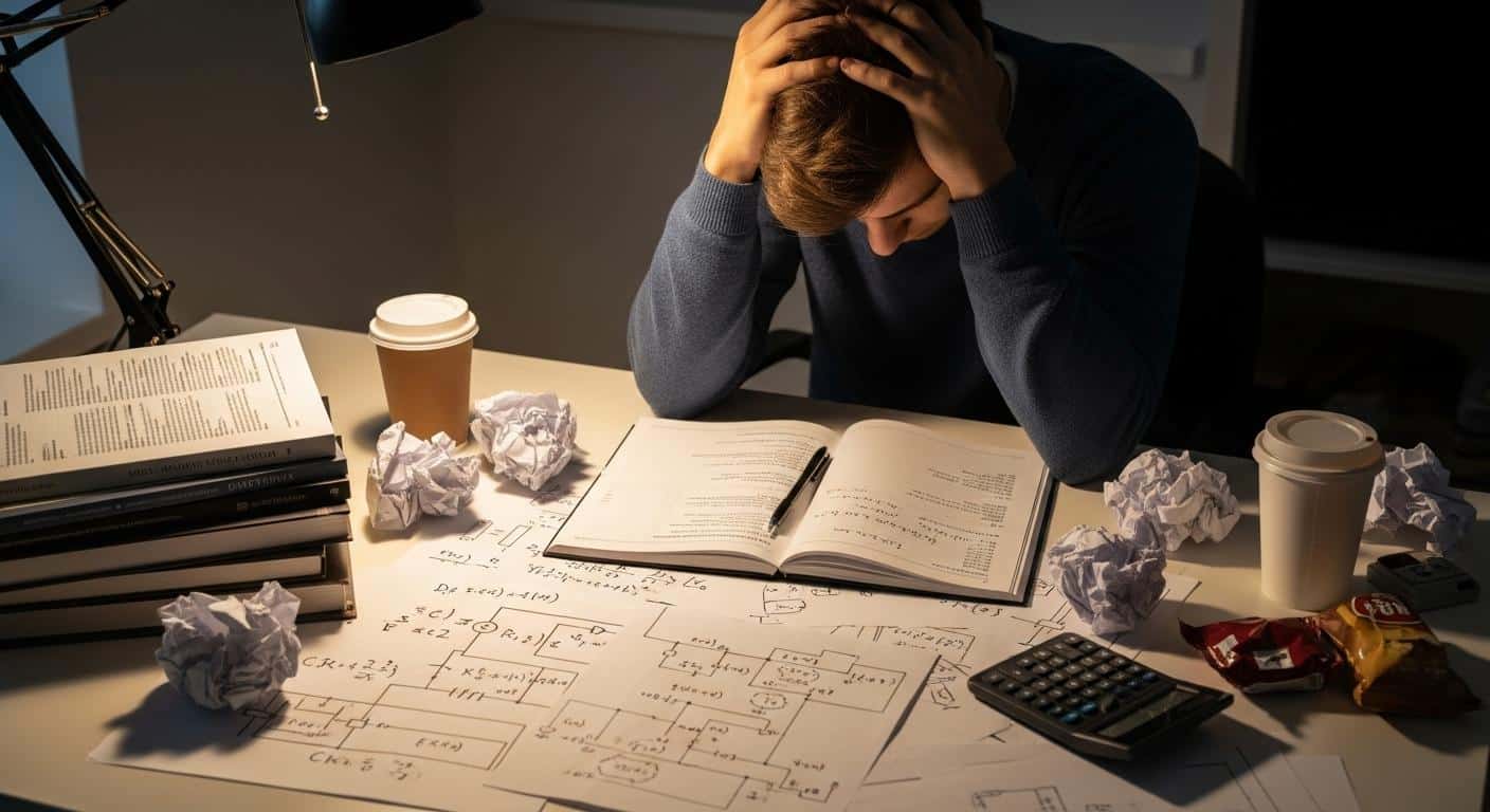 Un étudiant assis à son bureau, entouré de feuilles de brouillon couvertes d’équations et d’un schéma de circuit électrique, se prend la tête entre les mains devant un exercice difficile sur le filtre de Hartley.