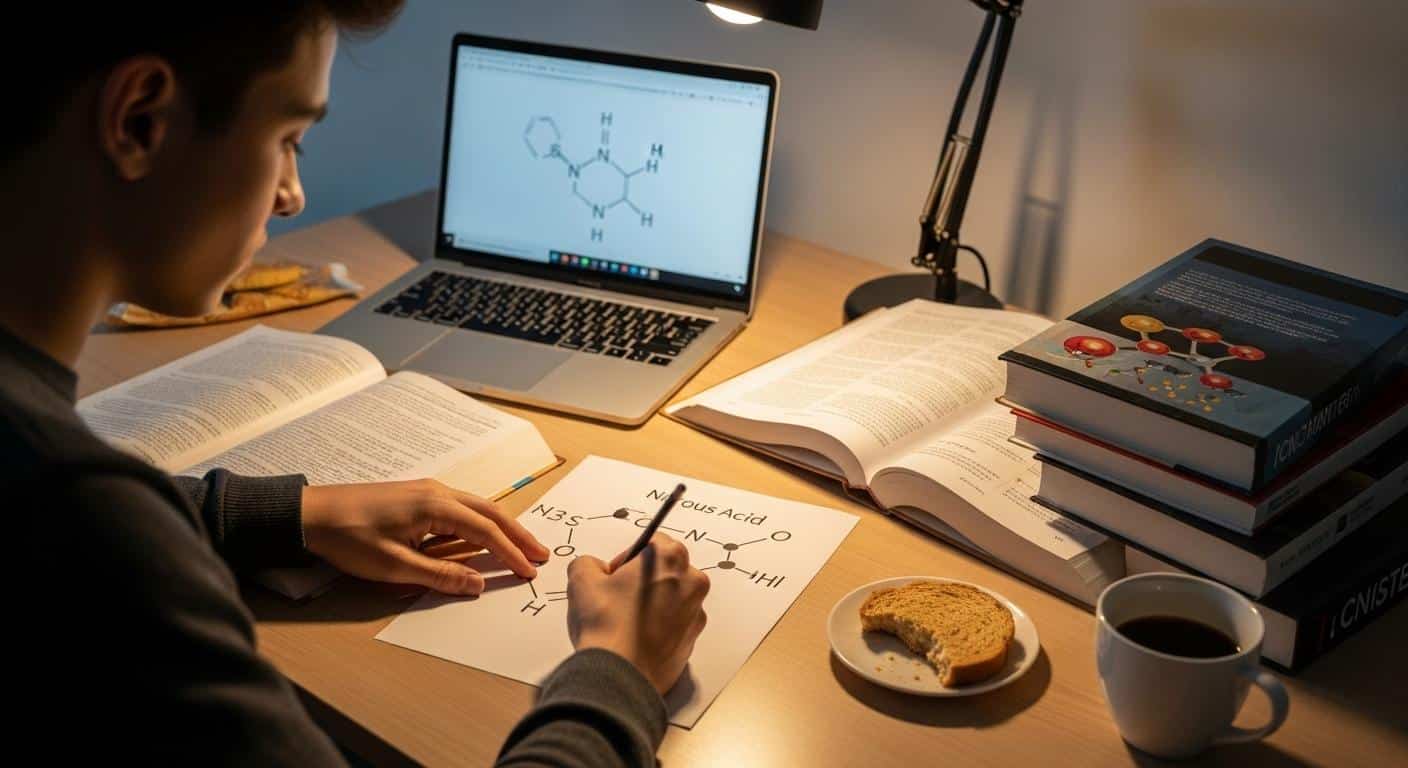 Un étudiant assis à un bureau, entouré de manuels de chimie, dessine sur une feuille la structure en V de la molécule d’acide nitreux, concentré, avec à ses côtés un ordinateur affichant des schémas moléculaires.