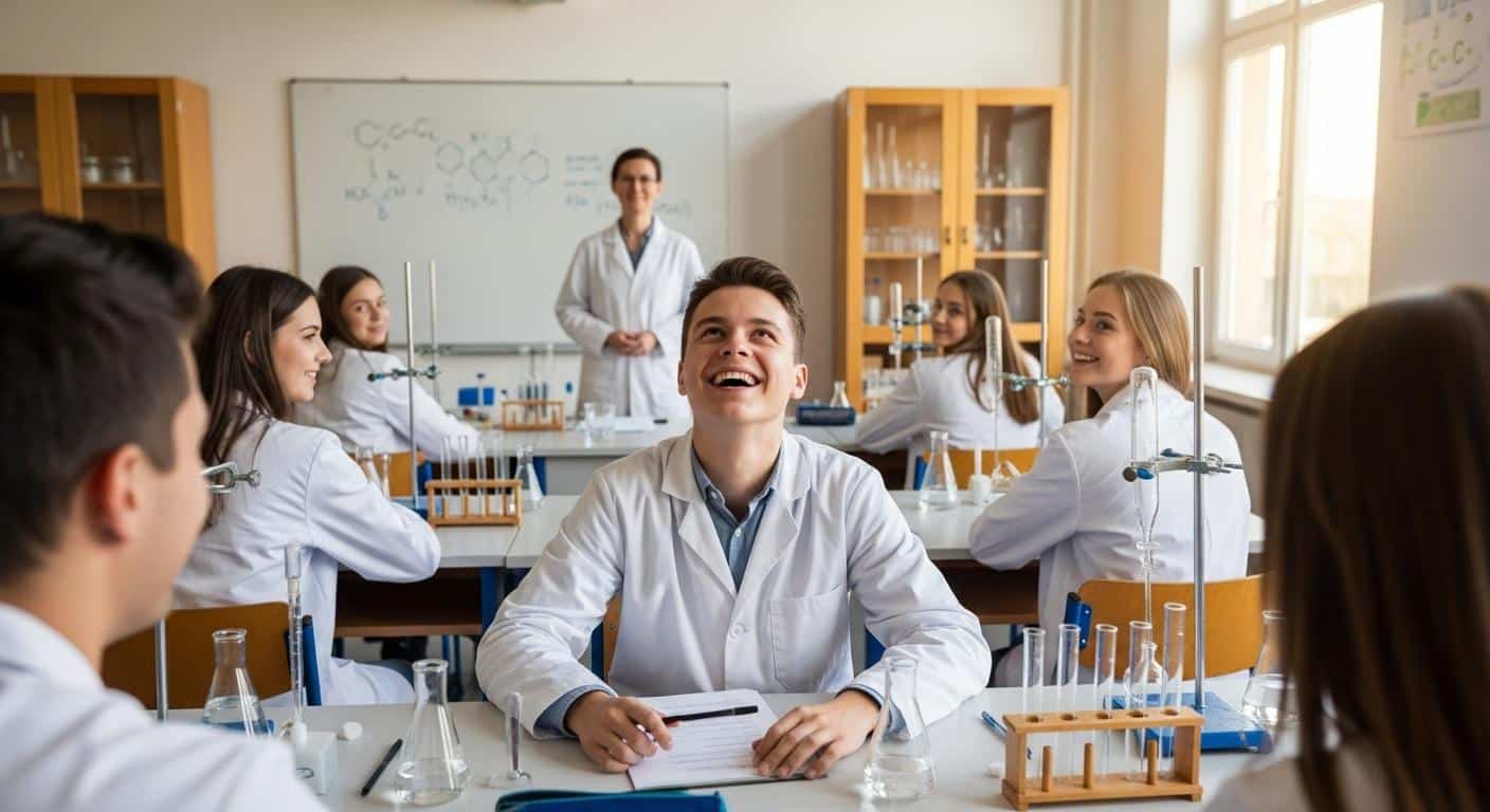 Un étudiant en blouse blanche, assis dans une salle de classe de chimie, lève les yeux du tableau avec un large sourire de soulagement, entouré de camarades, tandis que le professeur observe la scène avec bienveillance.