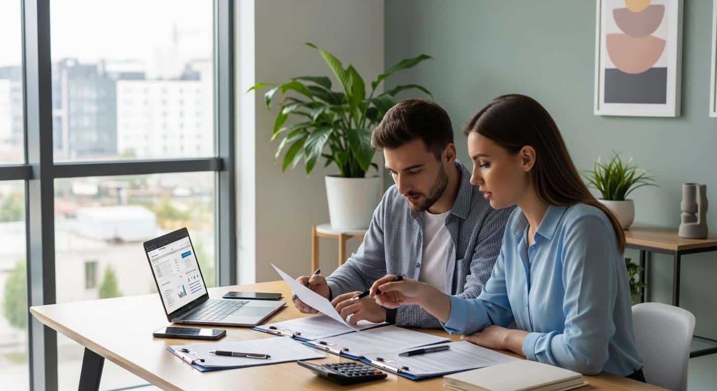 Un jeune couple assis autour d’une table, examinant attentivement des documents d’assurance prêt immobilier, avec des stylos, une calculatrice et un ordinateur portable, concentrés sur le choix de leur contrat dans un intérieur lumineux et moderne.