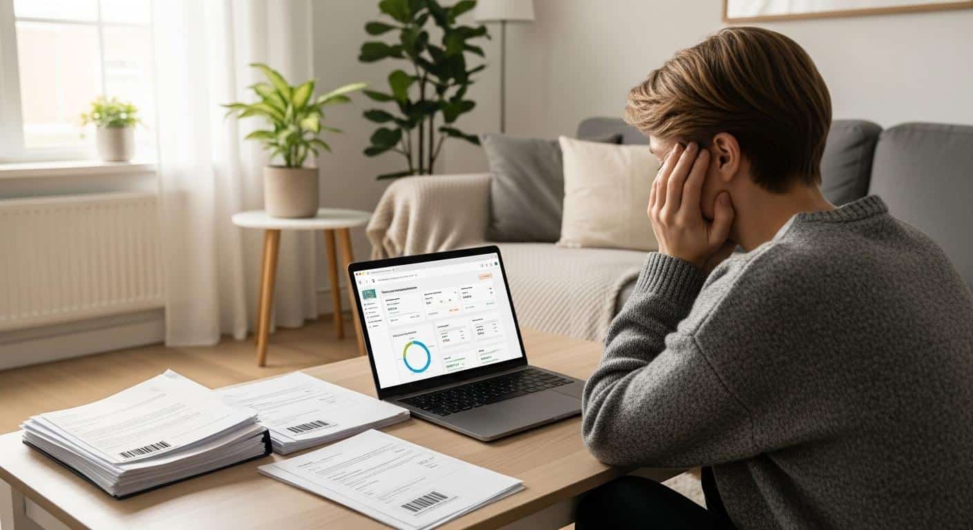 Un propriétaire consulte son espace personnel sur un ordinateur portable, entouré de documents numérisés, dans un salon lumineux et ordonné, avec un air soulagé sur le visage.