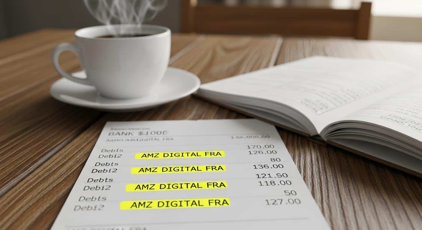 Un relevé bancaire posé sur une table en bois, avec plusieurs lignes de prélèvements AMZ Digital FRA surlignées au stabilo jaune, à côté d'une tasse de café fumant et d'un carnet ouvert rempli de notes manuscrites.