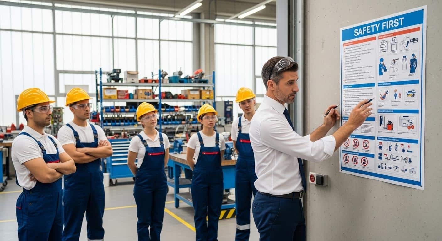Un responsable d’entreprise relit attentivement une affiche de consignes de sécurité près de l’entrée d’un atelier, entouré de salariés attentifs, dans un environnement industriel ordonné.