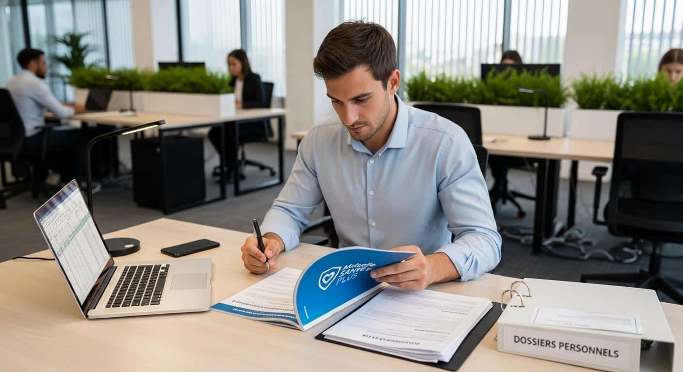 Un salarié consulte attentivement un contrat de mutuelle sur son bureau, entouré de documents administratifs et d’un ordinateur portable, dans l’atmosphère d’un open space moderne.