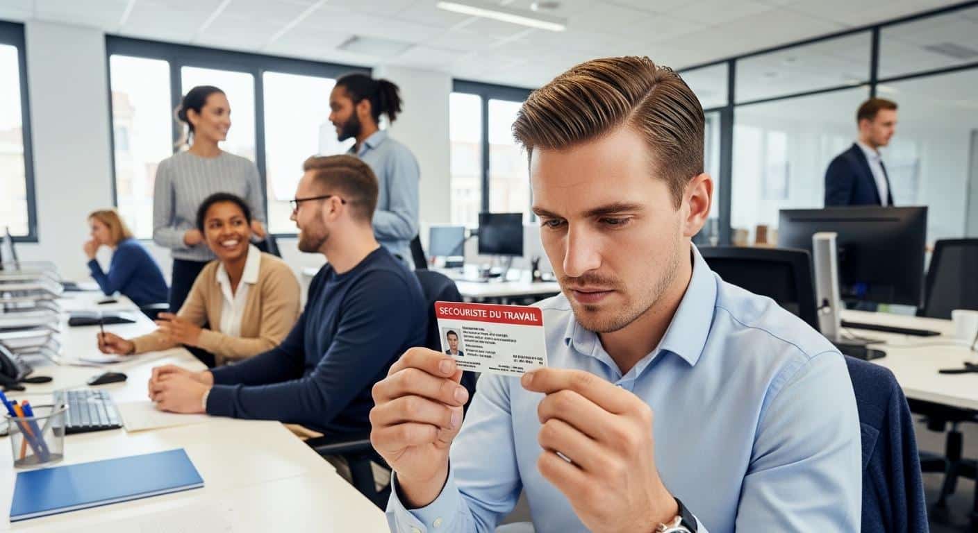Un salarié consulte sa carte de secouriste du travail à son bureau, vérifiant attentivement la date de validité, tandis que ses collègues discutent autour de lui dans un environnement de bureau lumineux.