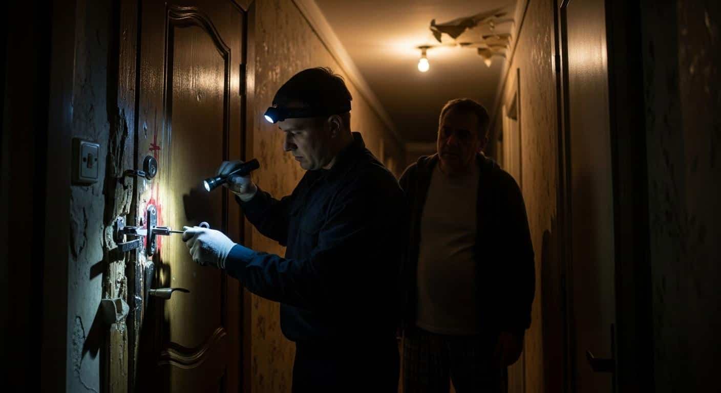 Un serrurier en uniforme, en train de remplacer une serrure arrachée sur une porte d’entrée abîmée, sous le regard inquiet du propriétaire, de nuit dans un couloir d’immeuble éclairé faiblement.