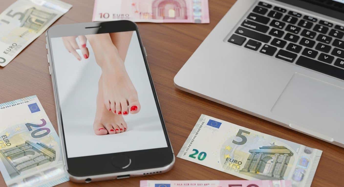 Un smartphone posé sur une table, affichant une photo nette de pieds vernis posés sur un fond uni, à côté d’un ordinateur portable et de quelques billets d’euros