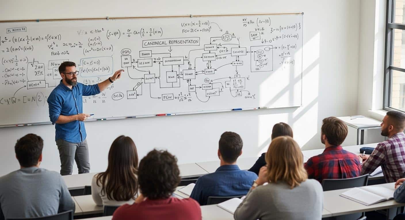 Un tableau blanc couvert d’équations et de schémas-blocs, avec un enseignant pointant du doigt une représentation canonique au centre, entouré d’étudiants attentifs dans une salle de classe lumineuse.