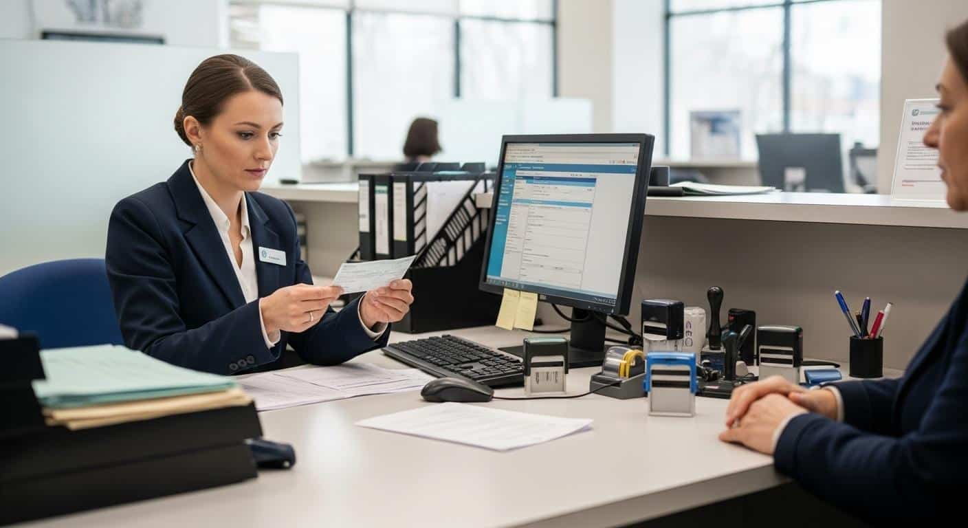 Une employée de banque examine un chèque devant son ordinateur, entourée de dossiers et de tampons bancaires, tandis qu’une personne attend nerveusement de l’autre côté du comptoir dans une agence à la lumière du jour.