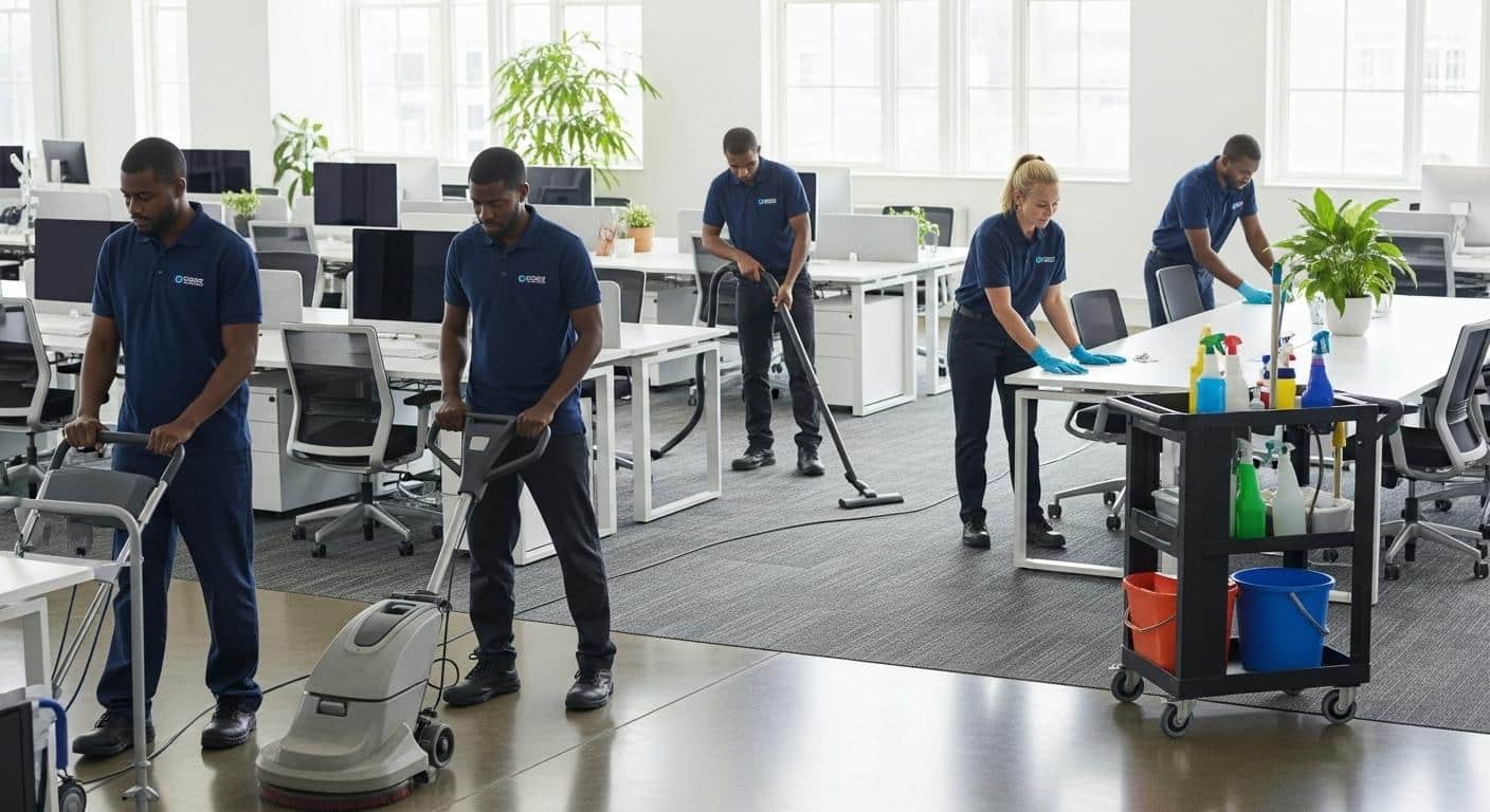 Une équipe d'agents de nettoyage en uniforme, équipés de matériel professionnel, intervient dans un grand open space lumineux aux bureaux alignés, illustrant la diversité des missions et de la clientèle du secteur.