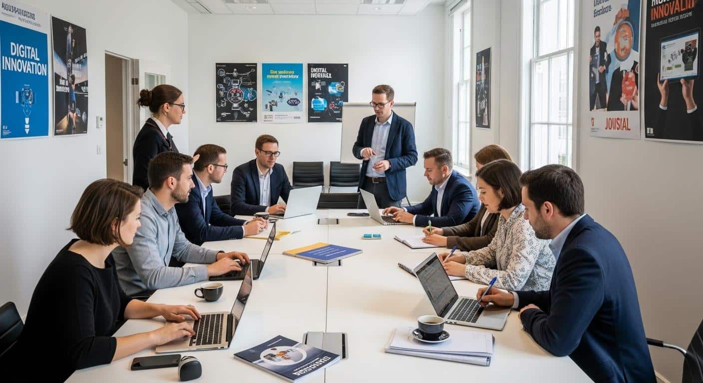 Une équipe de journalistes et de consultants digitaux réunis autour d’une grande table de travail moderne, échangeant des idées avec des ordinateurs portables, des carnets et des tasses de café, dans un espace lumineux décoré d’affiches sur l’innovation numérique.