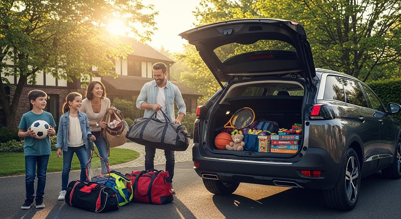 Une famille souriante charge le coffre d’un Peugeot 5008 stationné devant une maison, des sacs de sport et des jouets débordant du coffre, la scène baignée par une lumière matinale.