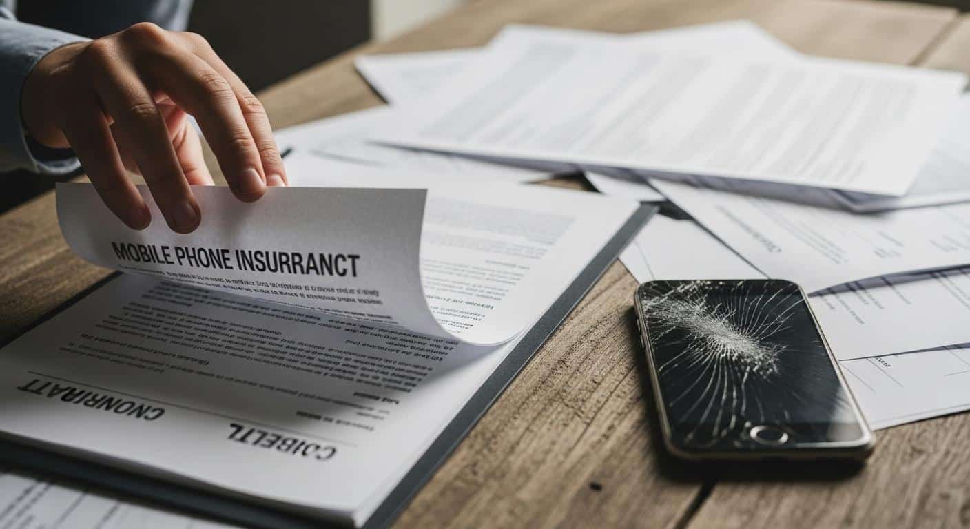 Une main feuillette un contrat d’assurance mobile, sur une table en bois, avec à côté un téléphone cassé dont l’écran est fissuré, une ambiance de lumière naturelle, des documents éparpillés laissant transparaître la complexité de la situation.