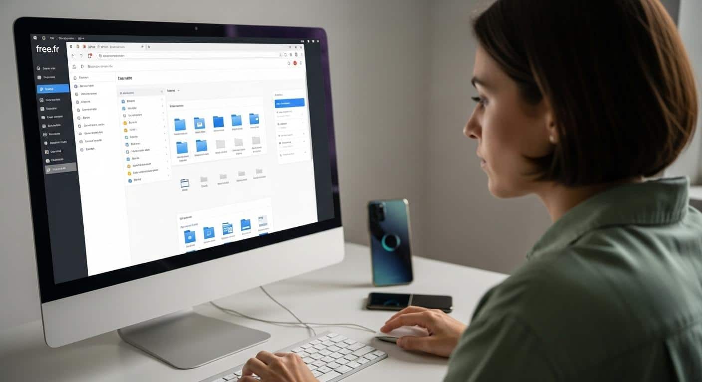 Une personne assise à son bureau, concentrée devant l’écran d’un ordinateur affichant une boîte mail Free ouverte, l’interface sobre et sans fioritures, avec des dossiers bien rangés et un téléphone posé à côté.