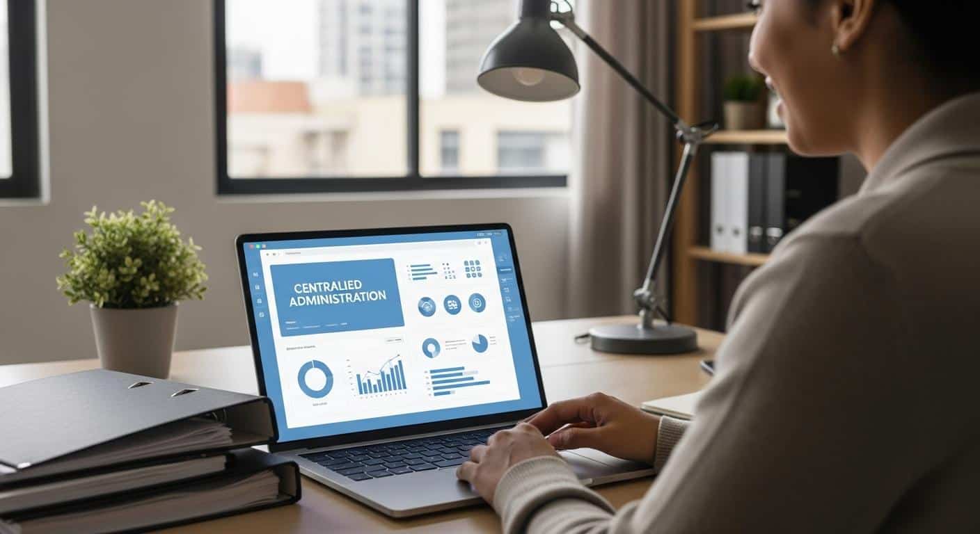 Une personne assise à son bureau devant un ordinateur portable, avec à côté d’elle une pile de dossiers papier fermés et rangés, tandis que l’écran de l’ordinateur affiche une interface claire et organisée, symbolisant la centralisation et la simplification administrative.