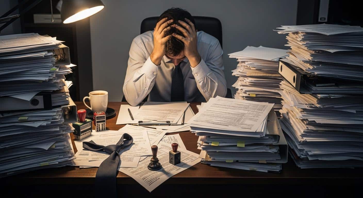 Une pile de dossiers et de papiers administratifs s'accumulant sur un bureau, avec un entrepreneur dépassé, la tête dans les mains, entouré de formulaires, timbres fiscaux et documents officiels.