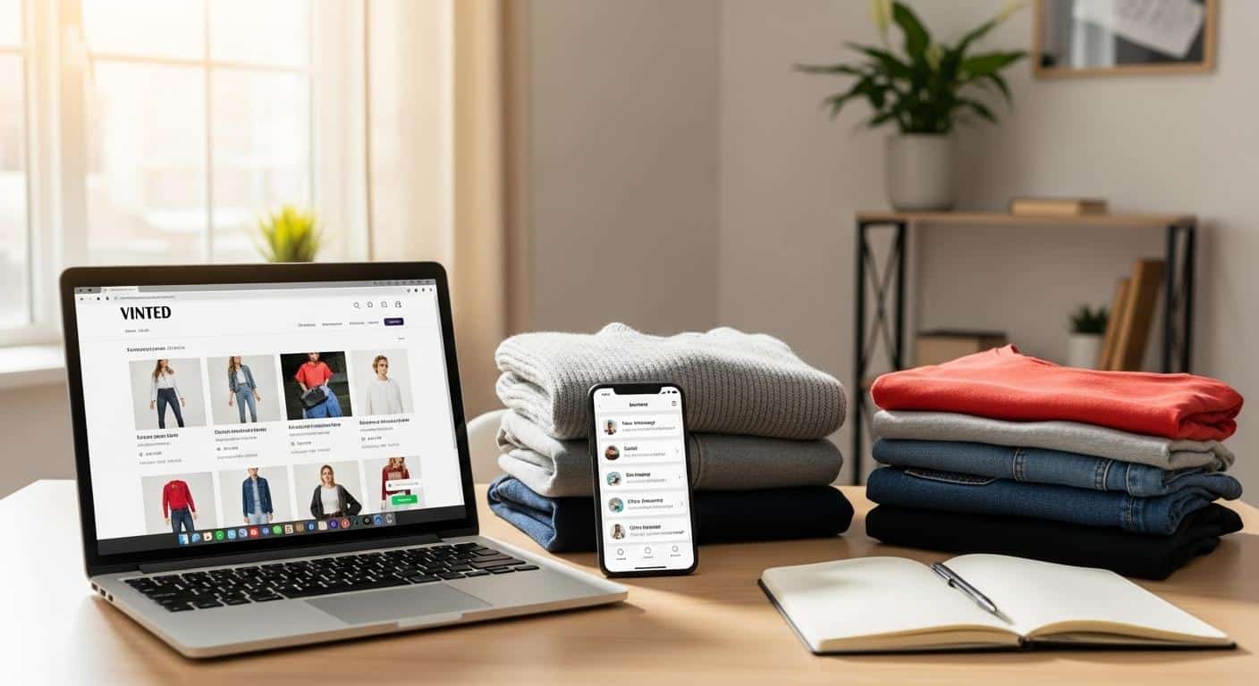 Une table bien rangée avec un ordinateur portable ouvert sur le site de Vinted, à côté d’un smartphone affichant des notifications de vente, des vêtements soigneusement pliés et un carnet de notes avec un stylo, dans une pièce lumineuse en journée.