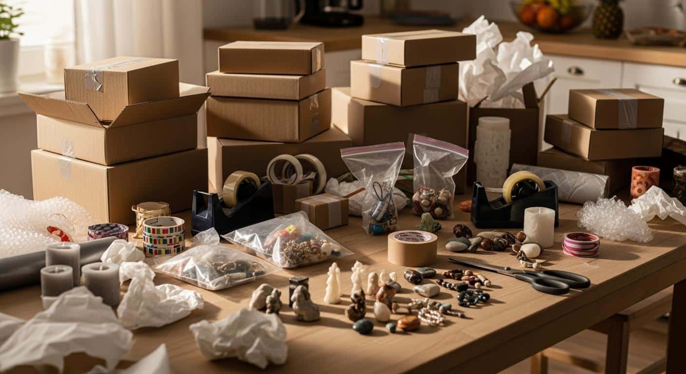 Une table de cuisine transformée en atelier, recouverte de boîtes en carton, de sachets transparents, de rubans adhésifs et de petits objets à emballer, sous une lumière naturelle matinale.