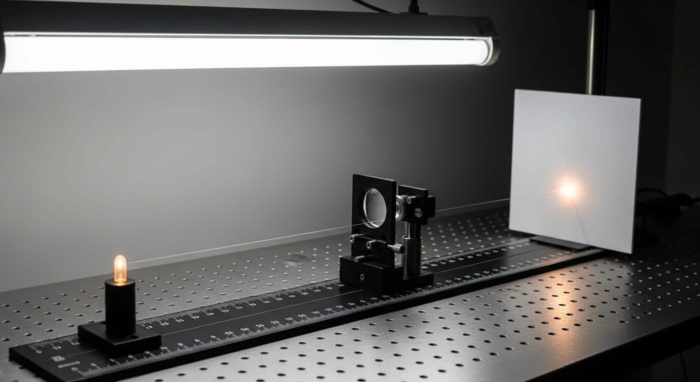 Une table de laboratoire d’optique avec une règle graduée, un objet lumineux à une extrémité, un écran blanc à l’autre, une lentille mince montée sur un support mobile placé entre les deux, baignée par la lumière blanche d’un néon, le tout prêt pour une mesure précise.