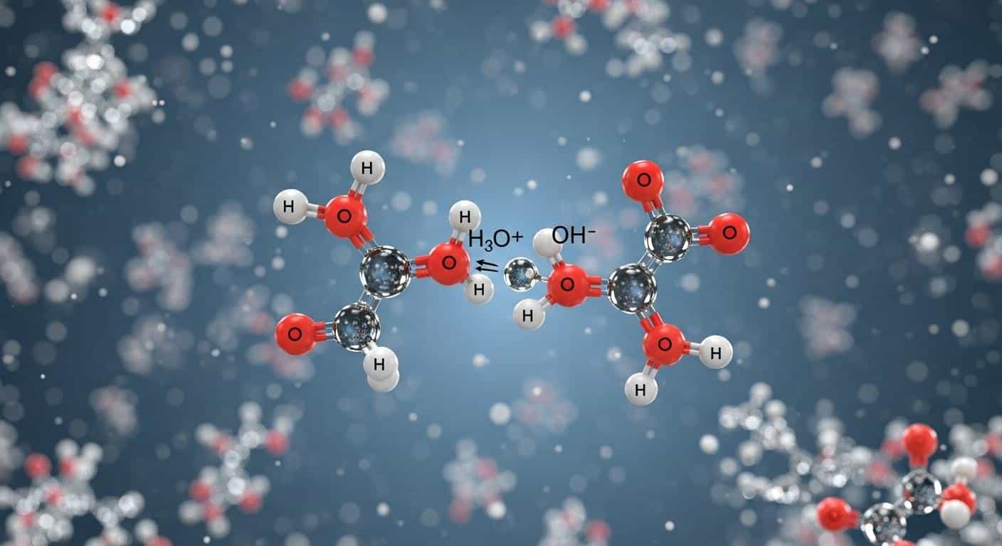 Vue microscopique réaliste de deux molécules d’eau échangeant un proton, entourées d’autres molécules d’eau en mouvement, illustrant la naissance d’un ion oxonium et d’un ion hydroxyde dans un environnement aqueux.