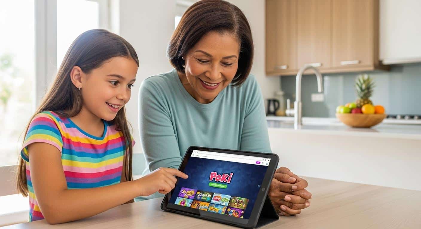 Dans une cuisine lumineuse, une fillette de neuf ans montre à sa grand-mère comment accéder à un jeu sur une tablette posée sur la table, toutes deux souriantes devant l’écran affichant le site Poki.