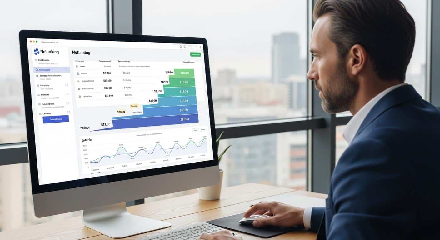 Un chef d’entreprise regarde attentivement l’écran d’un ordinateur affichant les tarifs clairs et détaillés d’une plateforme de netlinking, avec des graphiques de prix dégressifs visibles à l’écran, dans un bureau moderne et lumineux.