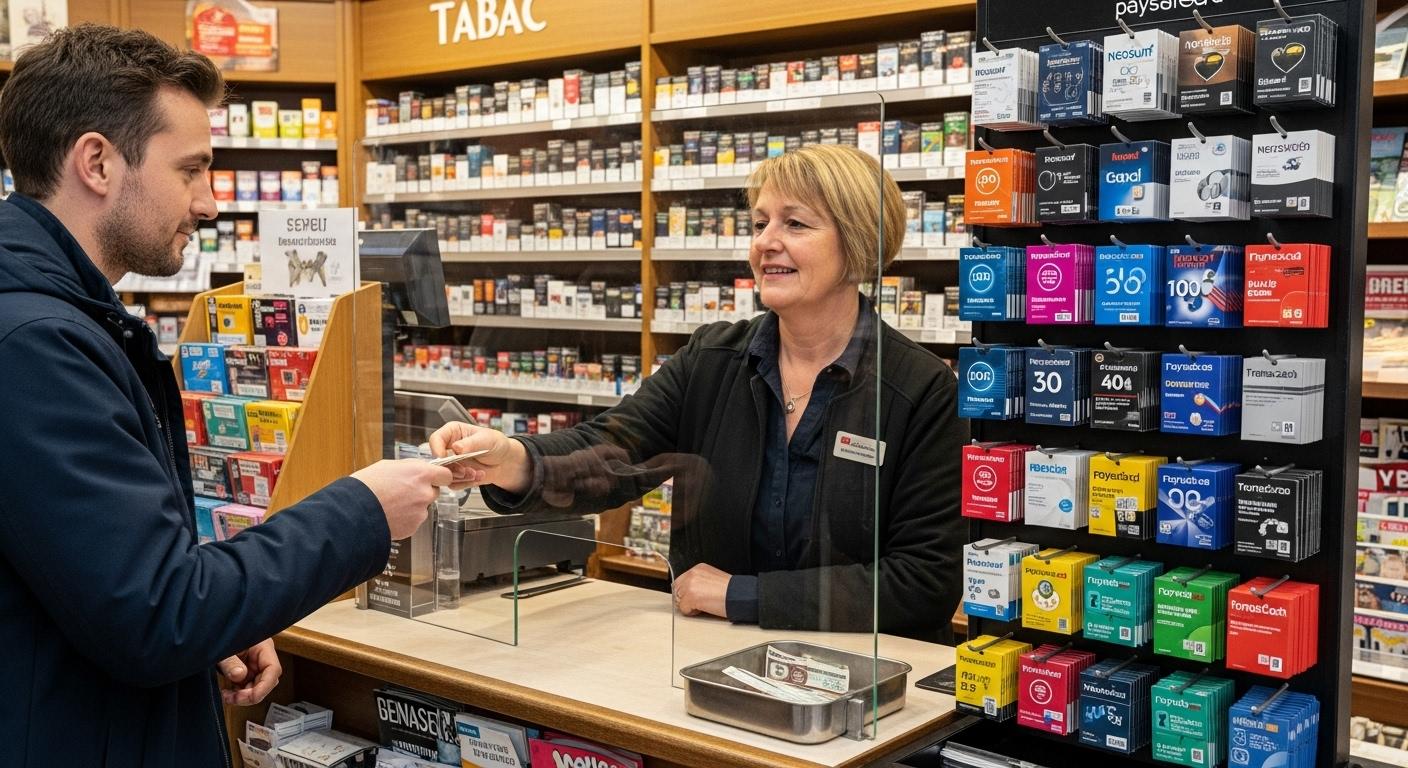 Un client se tient devant le comptoir d’un bureau de tabac en France, tendant des espèces à un buraliste pour acheter une carte de paiement anonyme, le présentoir derrière lui expose plusieurs cartes prépayées emballées et colorées.