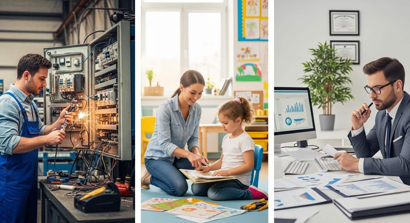 Un électricien en bleu de travail répare un tableau électrique dans un atelier industriel tandis qu’une éducatrice accompagne un jeune dans une salle lumineuse et qu’un expert-comptable examine des documents à son bureau, tous dans des environnements réels et dynamiques.